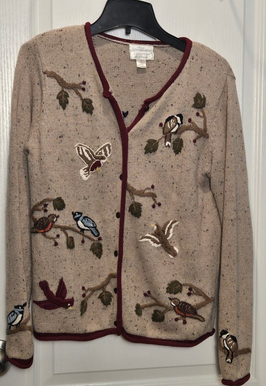 90s Women Small Hand Knit Birds Floral Nature Cardigan Sweater Cardigan Aviary